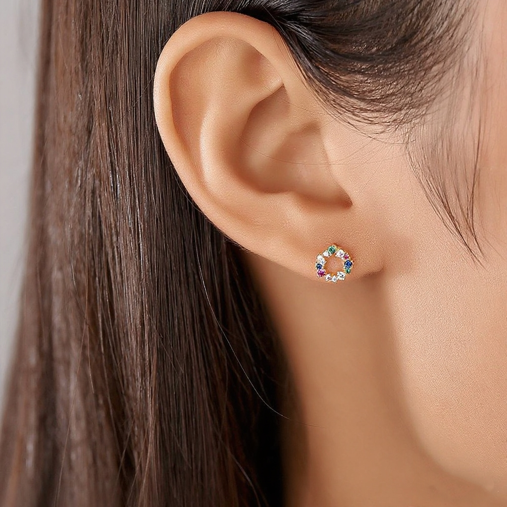 Close-up of an ear wearing a colorful hoop earring with a neutral background