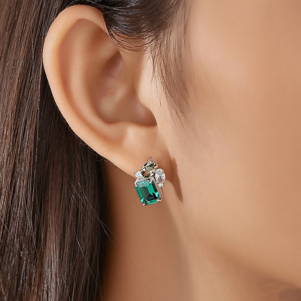 Close-up of an ear wearing a green gemstone earring with a blurred background