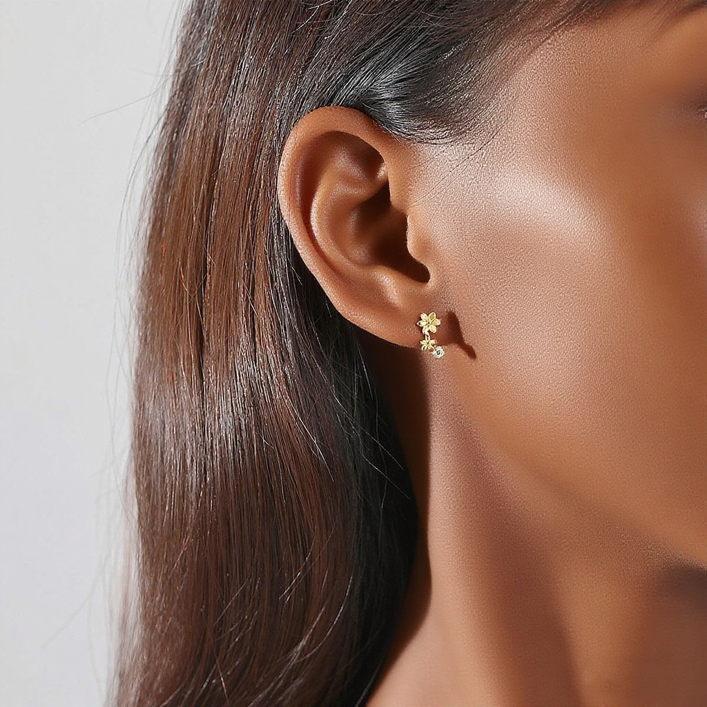 Close-up of an ear wearing a small earring with a blurred background