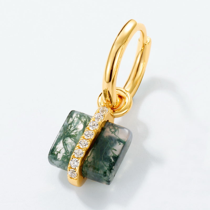 Gold hoop earring with square moss agate, diamond - lined bar, close - up on white, fine craftsmanship