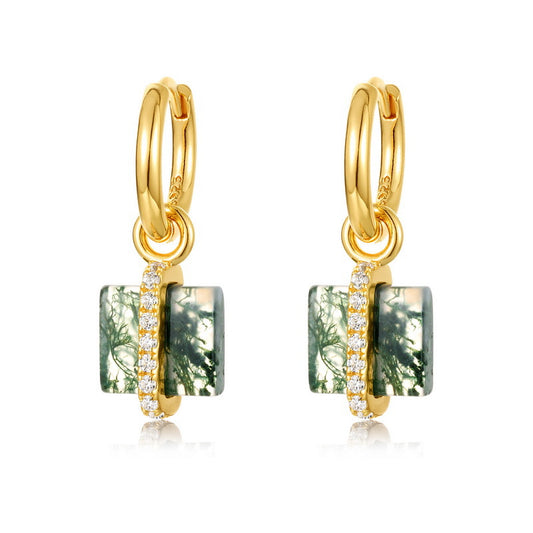 Gold - toned earrings: Square moss agate pendants, diamond - set bars, isolated on white, elegant accessory