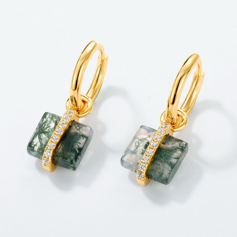 Gold hoop earrings featuring square moss agate, diamond - lined accents, displayed on white background