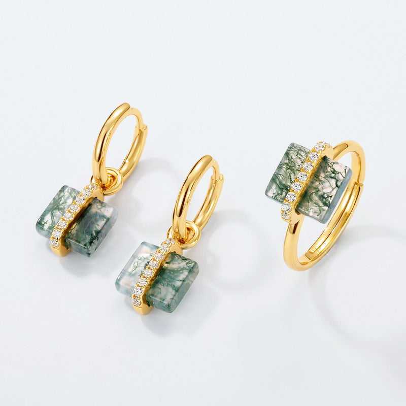 Gold jewelry set: Moss agate earrings and ring, diamond - lined details, showcased on white, stylish collection