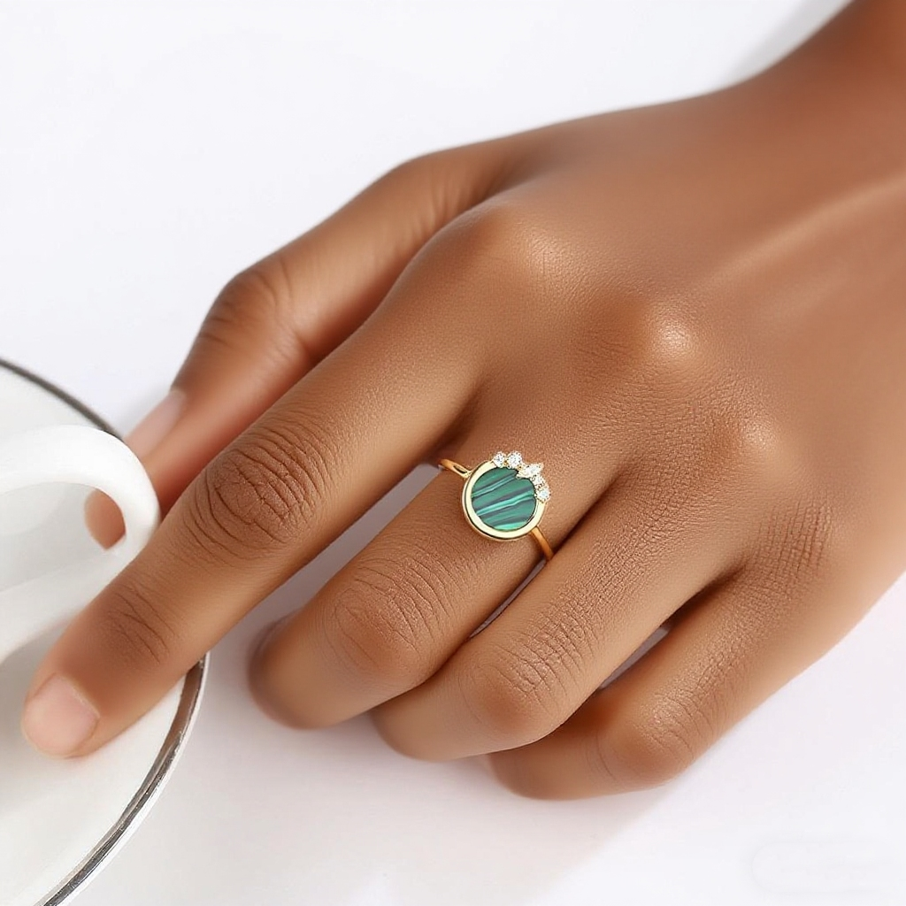 Hand wearing a gold ring with a green gemstone on a white background
