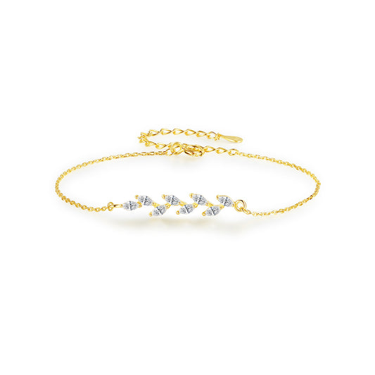 14K gold plated bracelet with cubic zirconia leaf branch design dainty adjustable jewelry for everyday elegance