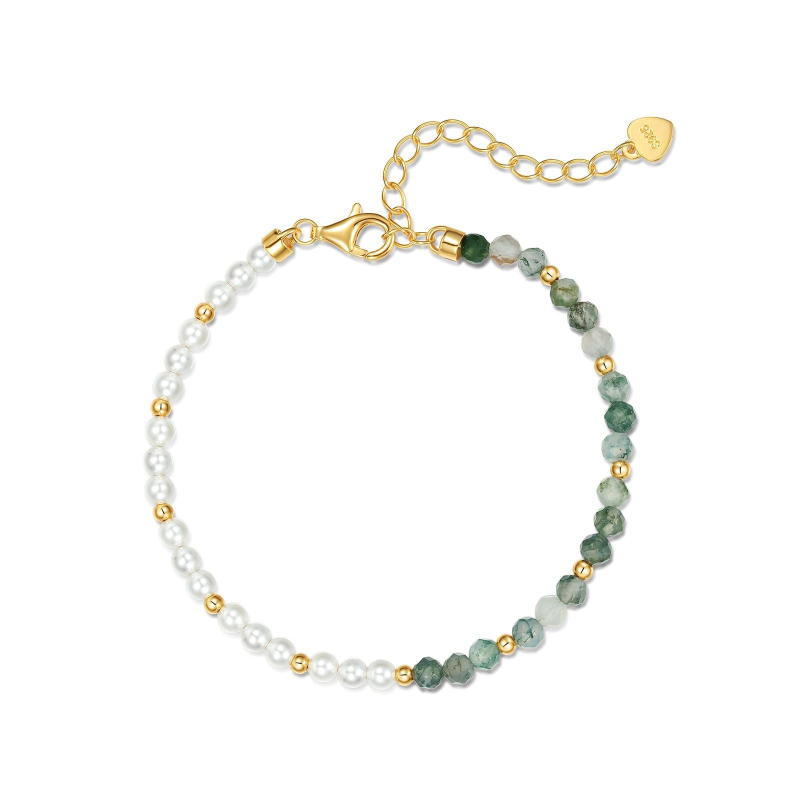 Gold - toned beaded bracelet: White pearls, green stones, gold spacers, chain extender with heart tag, white background (arranged in a circular layout).