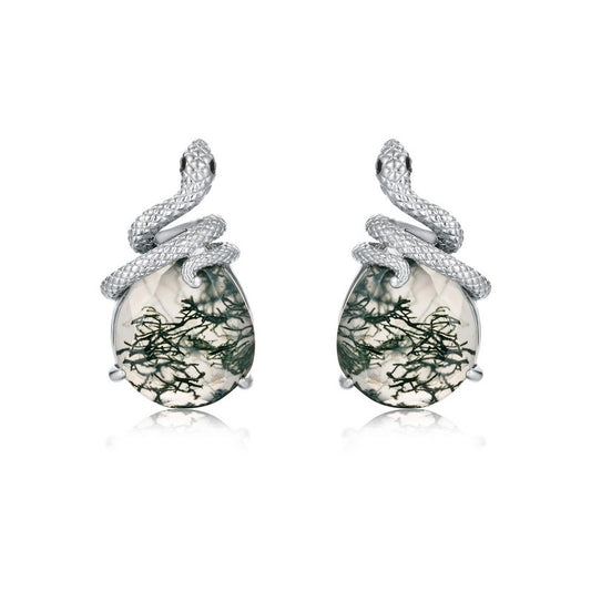 Vintage silver snake - shaped earrings with natural moss - agate gemstones, featuring intricate serpent wrapping and unique green inclusions.